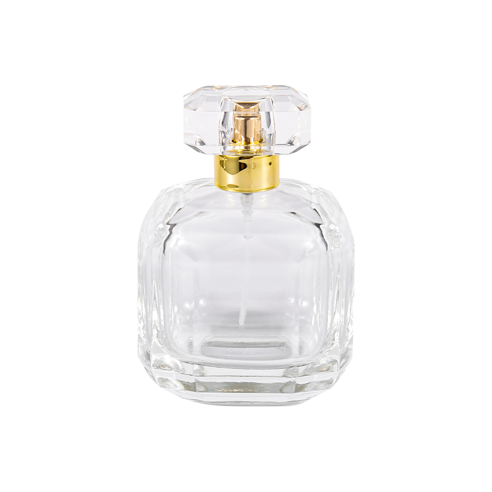 Bouteille de parfum en verre transparent GC3898-WJ2005 100ML avec capuchon en acrylique Surlyn et col en or brillant