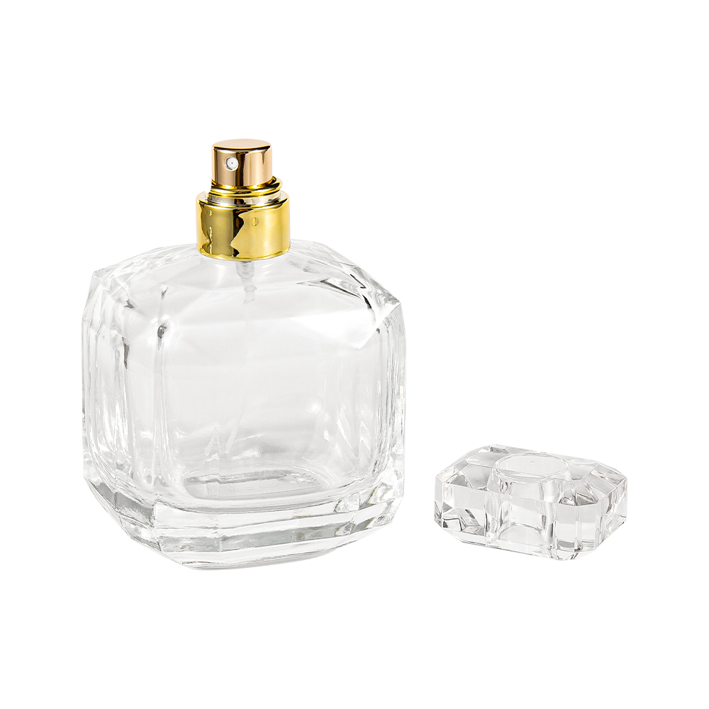 Bouteille de parfum en verre transparent GC3898-WJ2005 100ML avec capuchon en acrylique Surlyn et col en or brillant