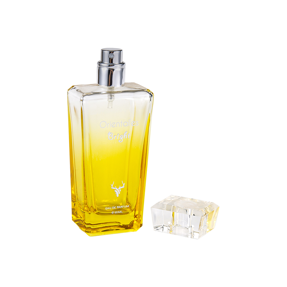 Bouteille de parfum en verre jaune à revêtement dégradé de KY100-WJ64 50ML avec capuchon en résine K Transparent