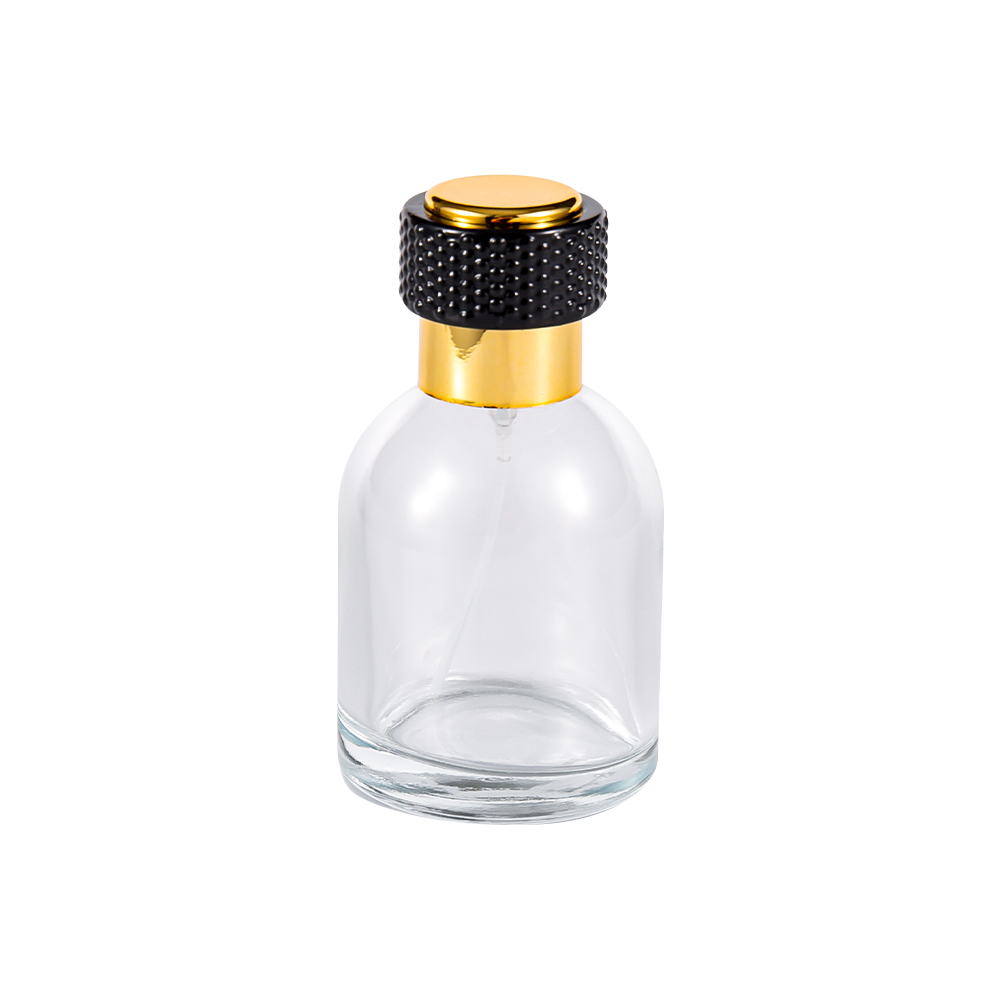 Bouteille de parfum en verre transparent GC3986-WJ816 50ML avec capuchon en plastique doré UV et partie noire