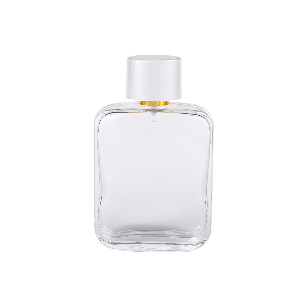Bouteille de parfum en verre transparent de 100ML, avec capuchon en plastique PP blanc brillant et doublure plaquée or UV, GC4840-WJ2162