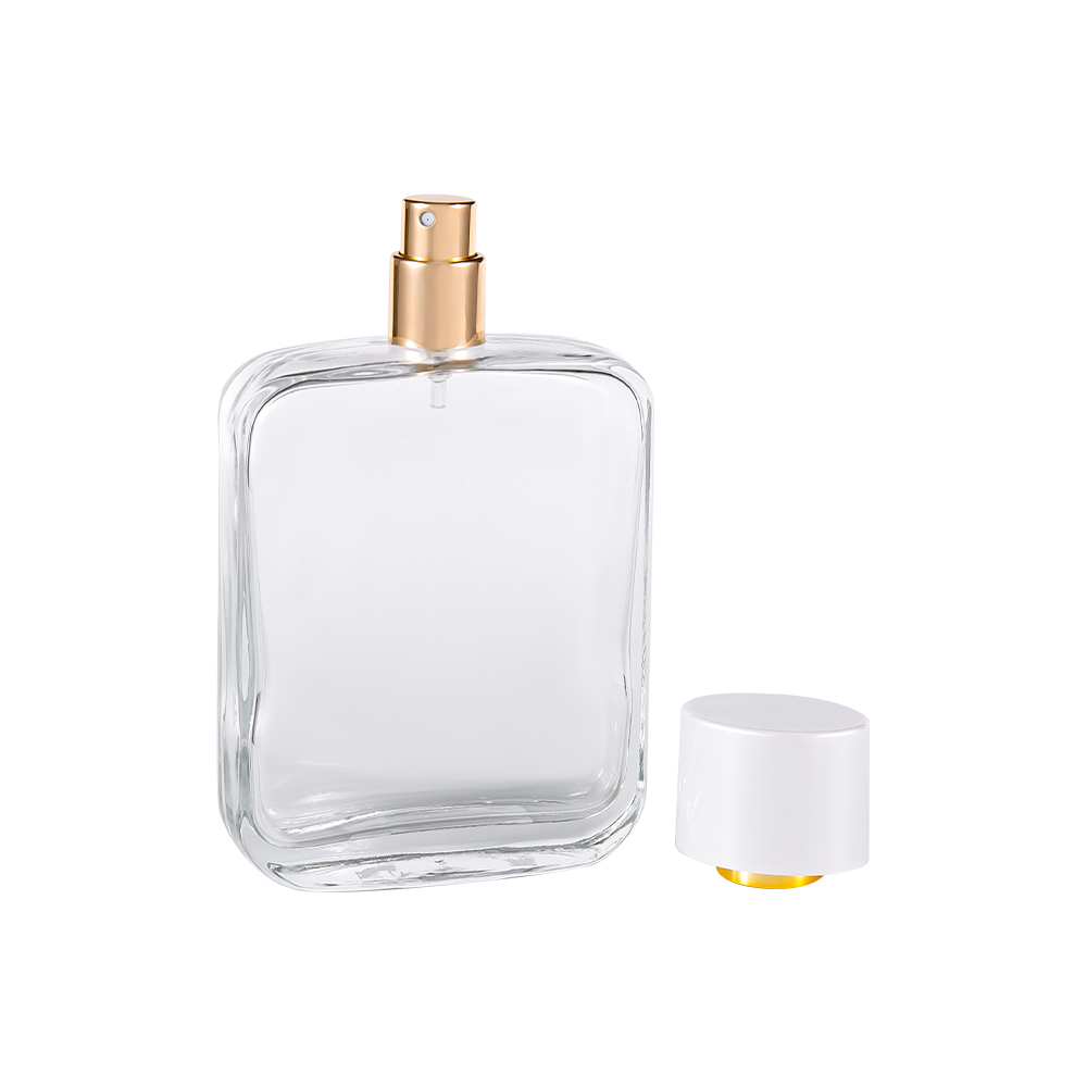 Bouteille de parfum en verre transparent de 100ML, avec capuchon en plastique PP blanc brillant et doublure plaquée or UV, GC4840-WJ2162