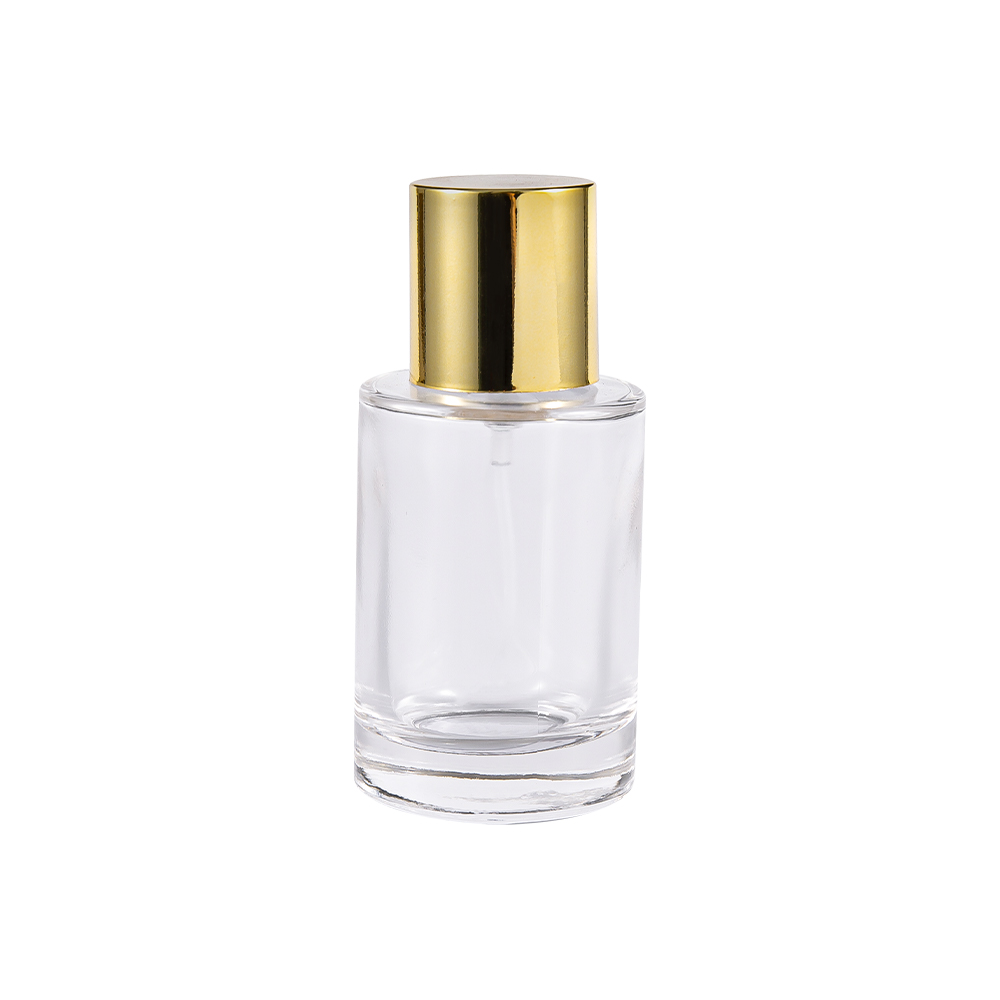 Bouteille de parfum cylindrique transparente en verre, couvercle en PP or brillant UV, GC4004-WJ2388