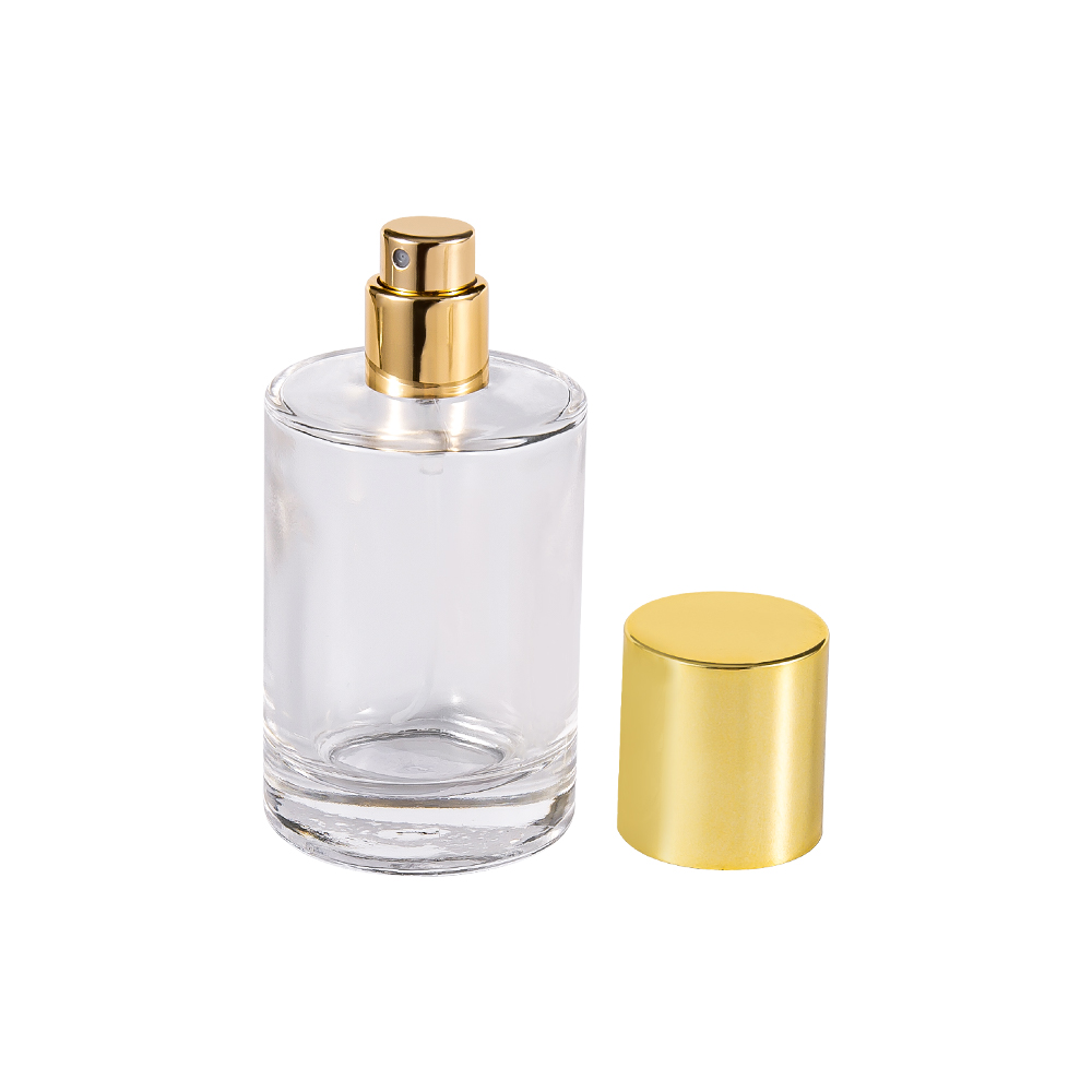 Bouteille de parfum cylindrique transparente en verre, couvercle en PP or brillant UV, GC4004-WJ2388