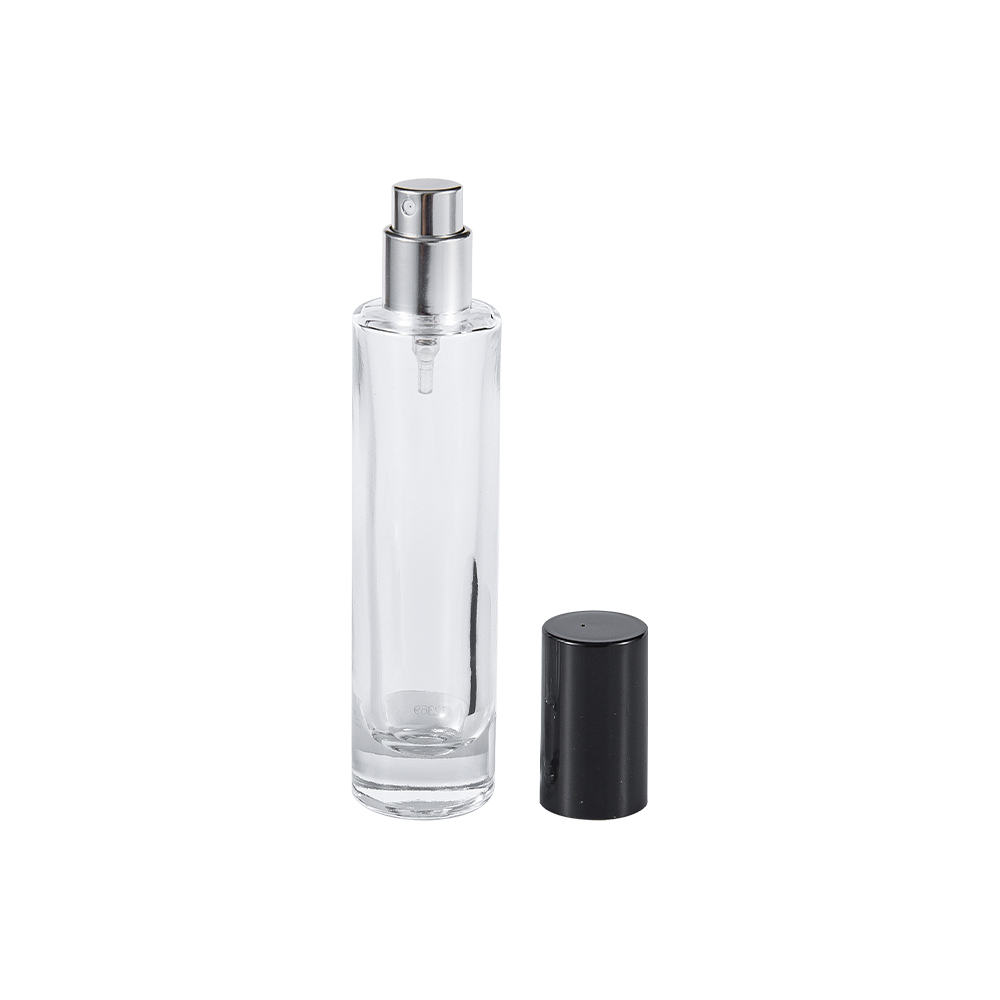Bouteille de parfum en verre transparent GC4423-WJ2369 30ML avec capuchon cylindrique noir brillant en PP