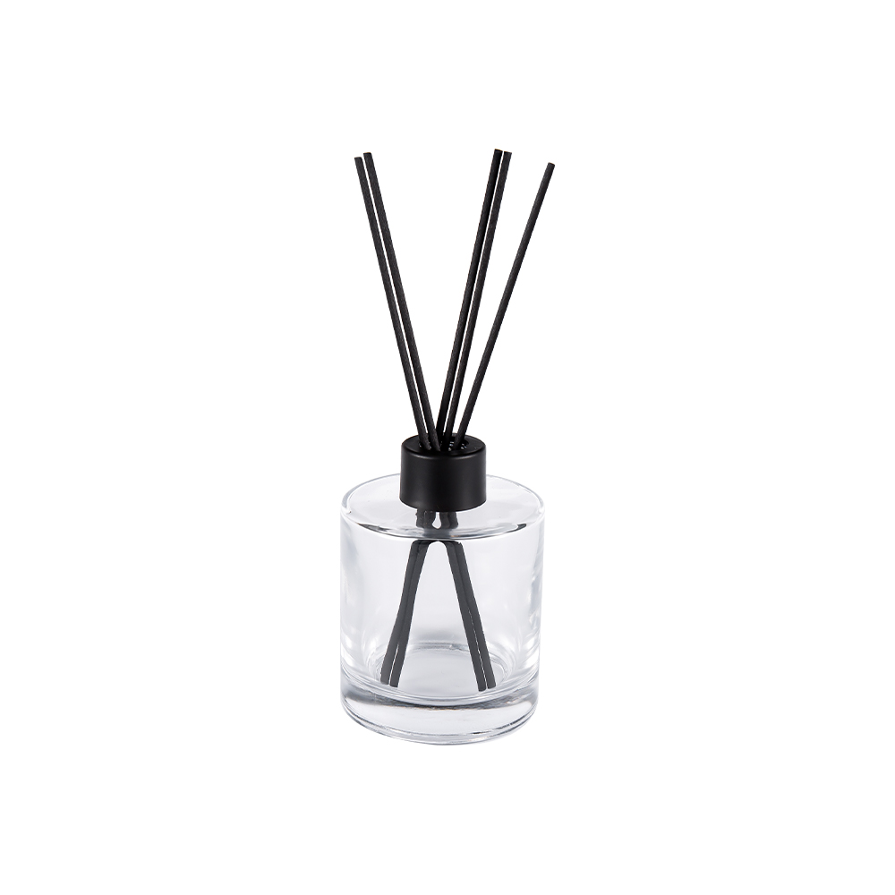 Bouteille diffuseur cylindrique en verre silex HJ-RX2109, capuchon en plastique et aluminium, autocollant en Fiber de couleur