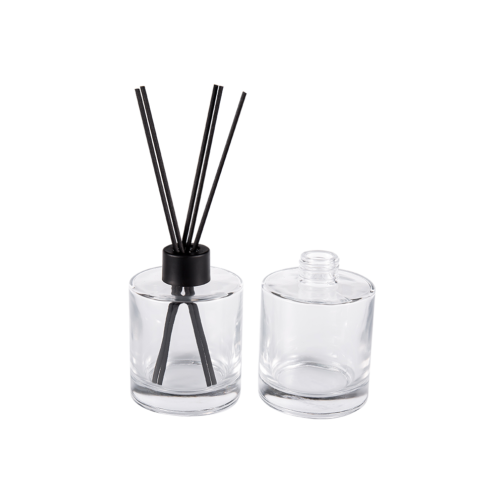 Bouteille diffuseur cylindrique en verre silex HJ-RX2109, capuchon en plastique et aluminium, autocollant en Fiber de couleur