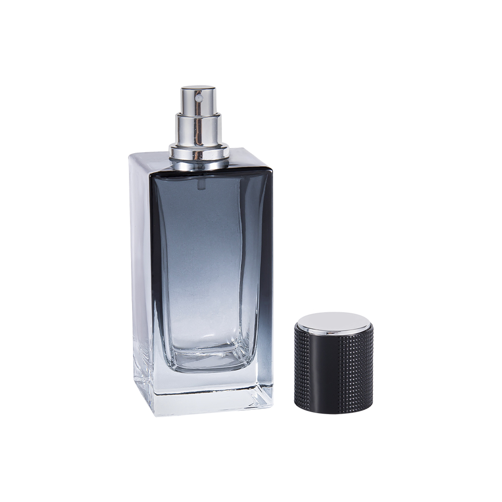 KY368-WJ2271 Flacon de parfum rectangulaire en verre de 50 ml avec revêtement dégradé, capuchon en plastique ABS, doublure argentée UV