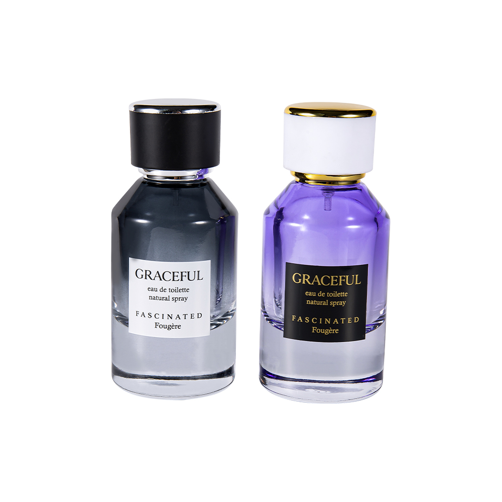 Flacon de parfum en verre imprimé enduit de 50ML, avec cuir, capuchon en plastique ABS, doublure en PP résistant aux UV, GC4416-WJ2098