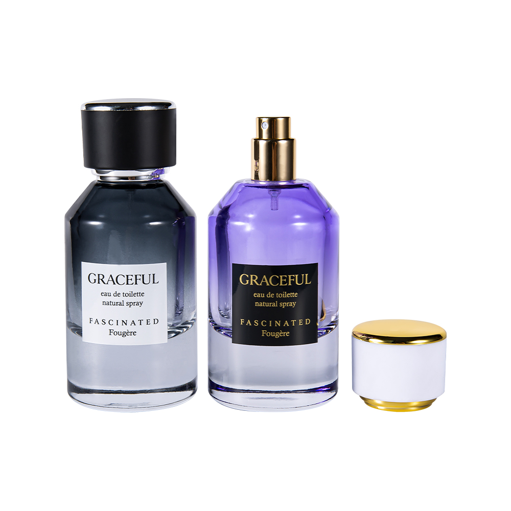 Flacon de parfum en verre imprimé enduit de 50ML, avec cuir, capuchon en plastique ABS, doublure en PP résistant aux UV, GC4416-WJ2098