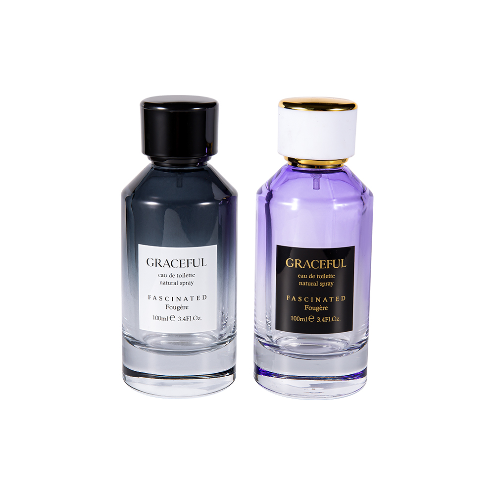 Bouteille de parfum en verre imprimé enduit de couleur de GC4418-WJ2098 100ML avec capuchon en plastique ABS en cuir et doublure UV PP