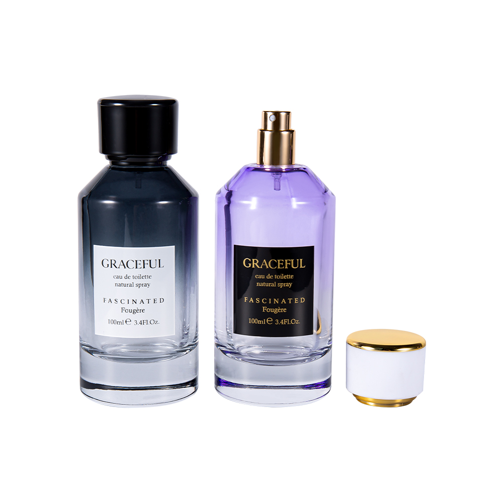 Bouteille de parfum en verre imprimé enduit de couleur de GC4418-WJ2098 100ML avec capuchon en plastique ABS en cuir et doublure UV PP