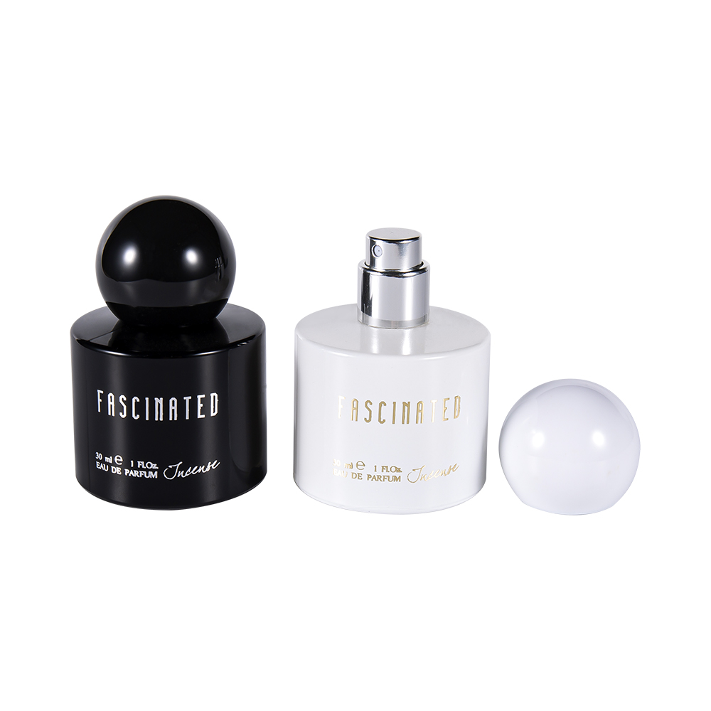 Bouteille de parfum en verre à revêtement cylindrique, feuille d'or à revêtement cylindrique de 30ML, avec capuchon en plastique sphérique ABS PP, GC4748-WJ2537