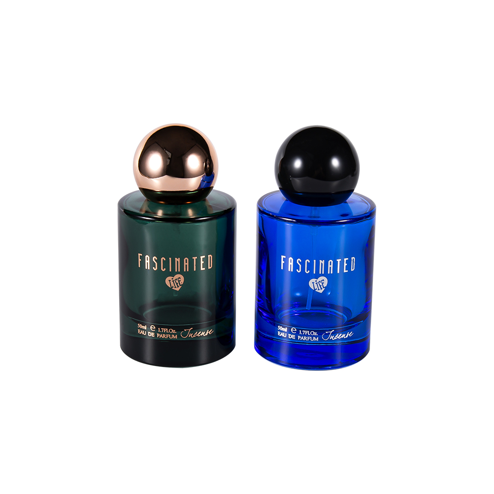 Bouteille de parfum en verre à revêtement cylindrique, feuille d'or à revêtement cylindrique de 50ML, avec capuchon en plastique sphérique ABS PP, GC4749-WJ2537