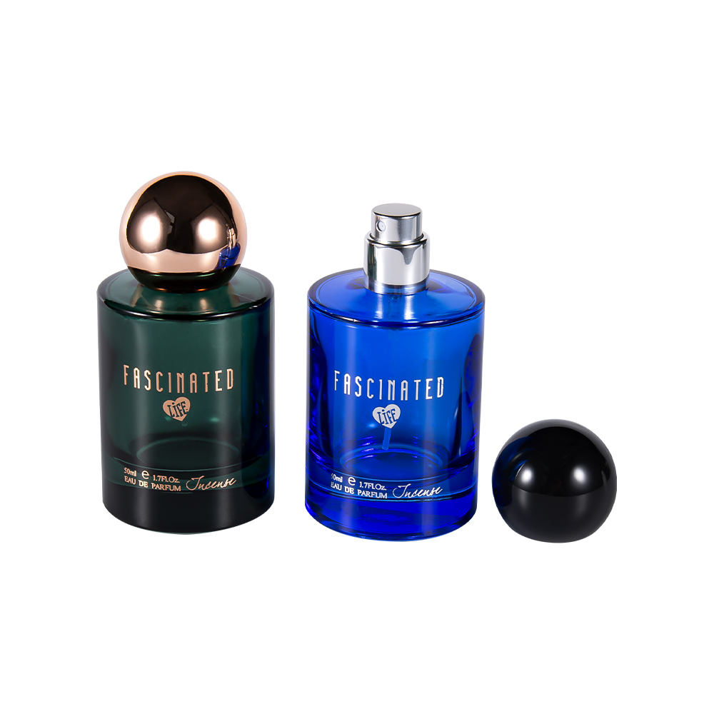 Bouteille de parfum en verre à revêtement cylindrique, feuille d'or à revêtement cylindrique de 50ML, avec capuchon en plastique sphérique ABS PP, GC4749-WJ2537