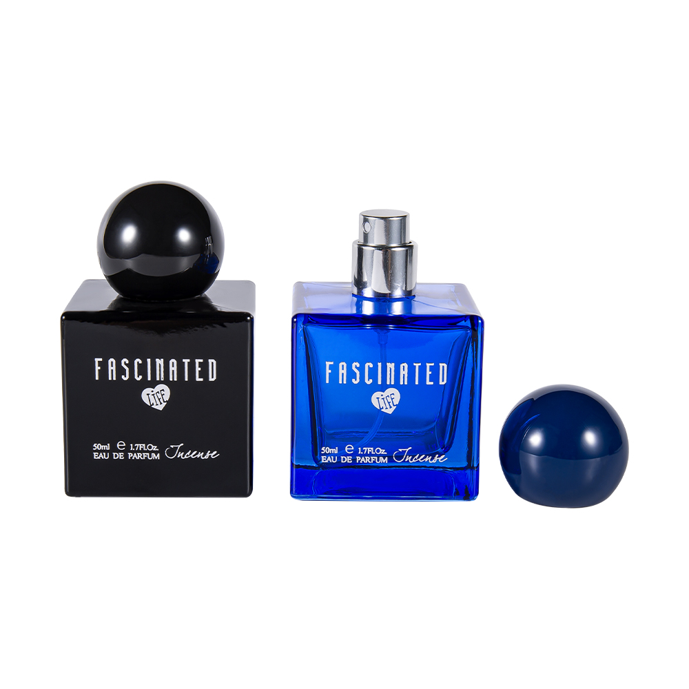 Bouteille de parfum en verre imprimé couleur cube KY145-WJ2537 50ML avec capuchon en plastique UV sphérique