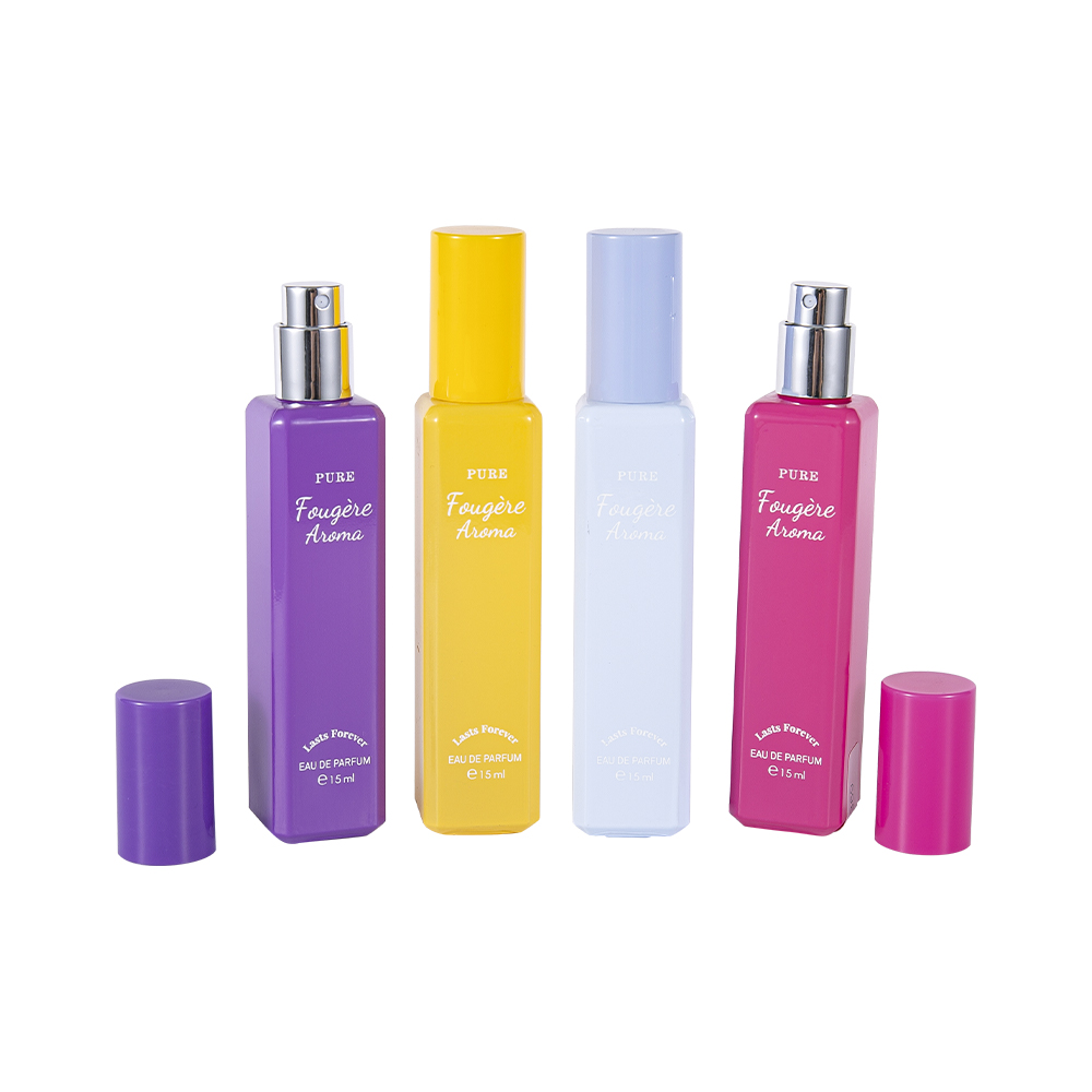 Bouteille de parfum en verre enduit de petite capacité de GC4222-WJ2369 15ML avec capuchon en plastique PP coloré