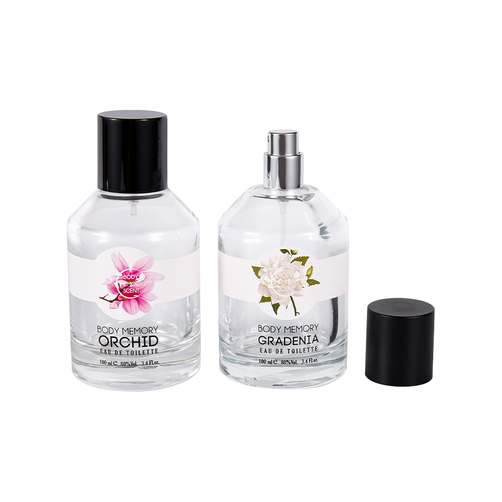 Bouteille de parfum en verre autocollant imprimé de 100ML, avec capuchon cylindrique brillant en PP noir mat, KY1603-WJ2388