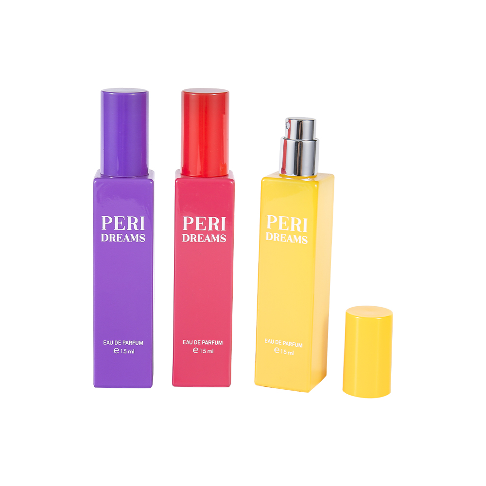 Bouteille de parfum rectangulaire en verre enduit de mini capacité de GC4421-WJ2369B 15ML avec capuchon cylindrique en PP