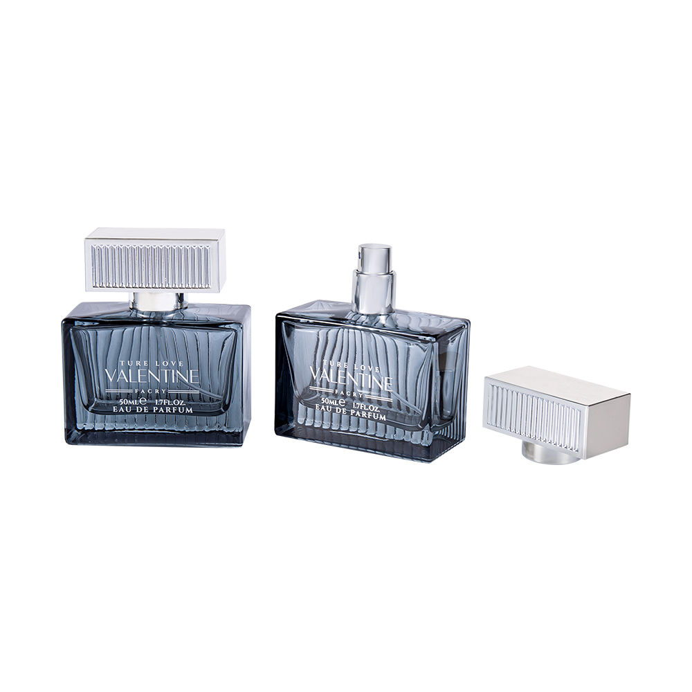 Bouteille de parfum en verre à rayures verticales de KY1111-WJ2092 50ML avec bande de couverture en plastique ABS UV