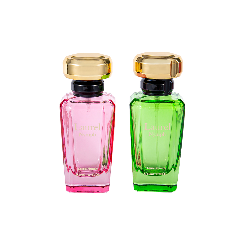 Bouteille de parfum vert rose enduite UV de GC4354-WJ2432 50ML avec le chapeau en plastique d'or brillant
