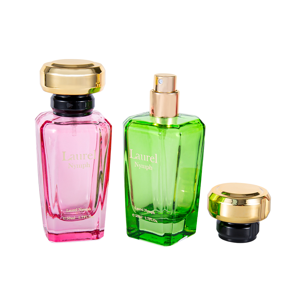 Bouteille de parfum vert rose enduite UV de GC4354-WJ2432 50ML avec le chapeau en plastique d'or brillant