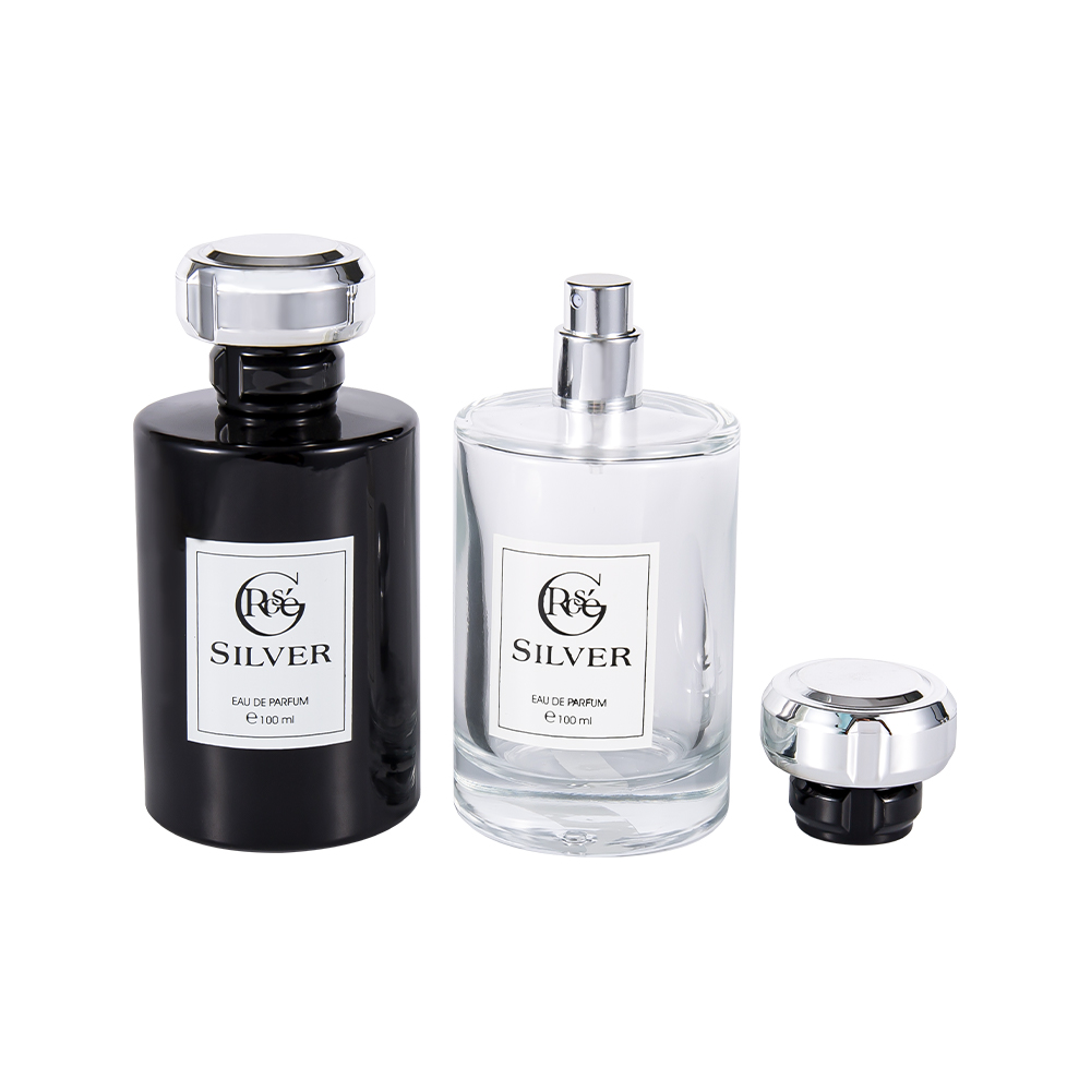 Bouteille de parfum en verre enduit noir brillant de KY1601-WJ2432 100ML avec bouchon de parfum en plastique argenté Uv