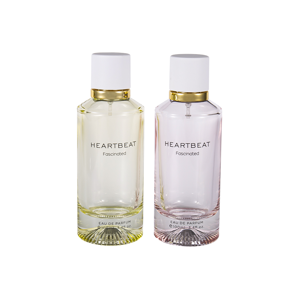 Flacon de parfum à fond à motifs GC4406-WJ2326 100ML avec bouchon de parfum blanc et grand anneau en aluminium