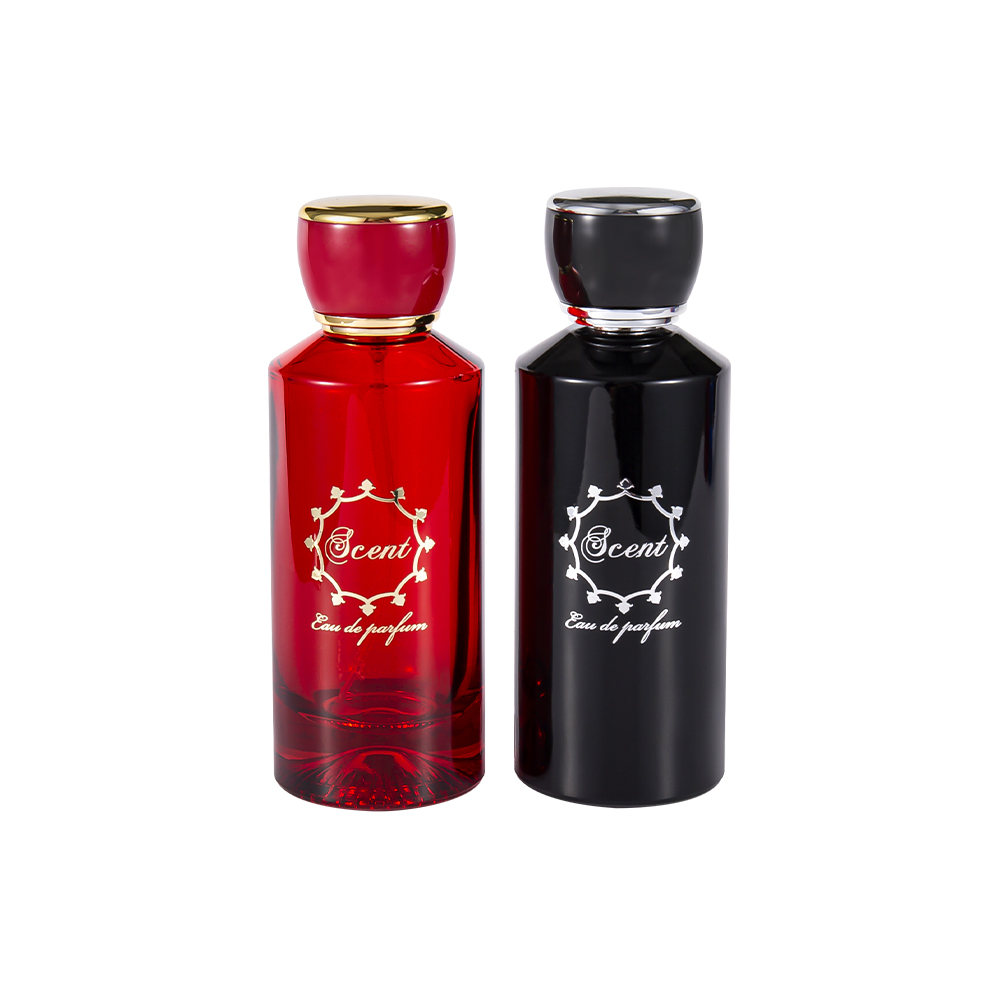 Bouteille de parfum à fond à motifs de GC4406-WJ2071, 100ML, avec bouchon rond en plastique ABS rouge vif et noir