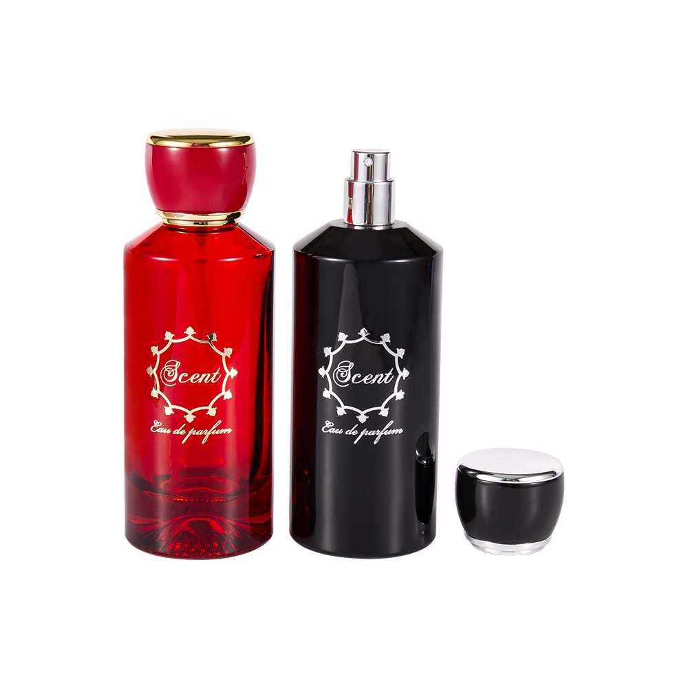 Bouteille de parfum à fond à motifs de GC4406-WJ2071, 100ML, avec bouchon rond en plastique ABS rouge vif et noir